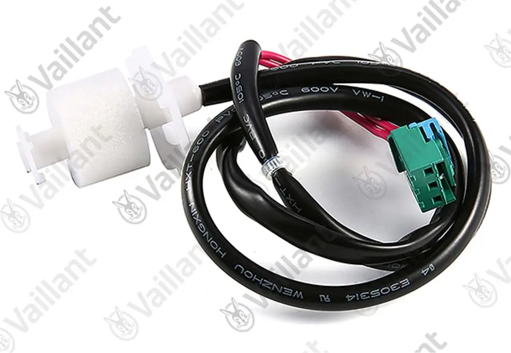 Vaillant Komponente mit einem weißen Gehäuse und Kabeln, die an einen grünen Stecker angeschlossen sind. Einsatzmöglichkeiten im Bereich Heizungs- oder Klimaanlagen.
